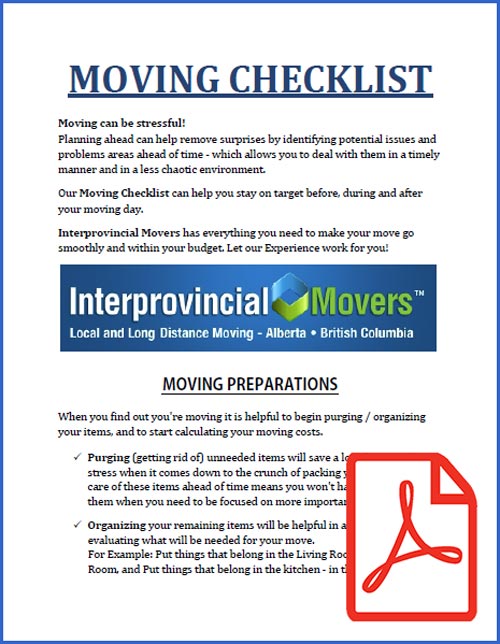 Free Moving Checklist - view PDF File. Interprovincial Movers